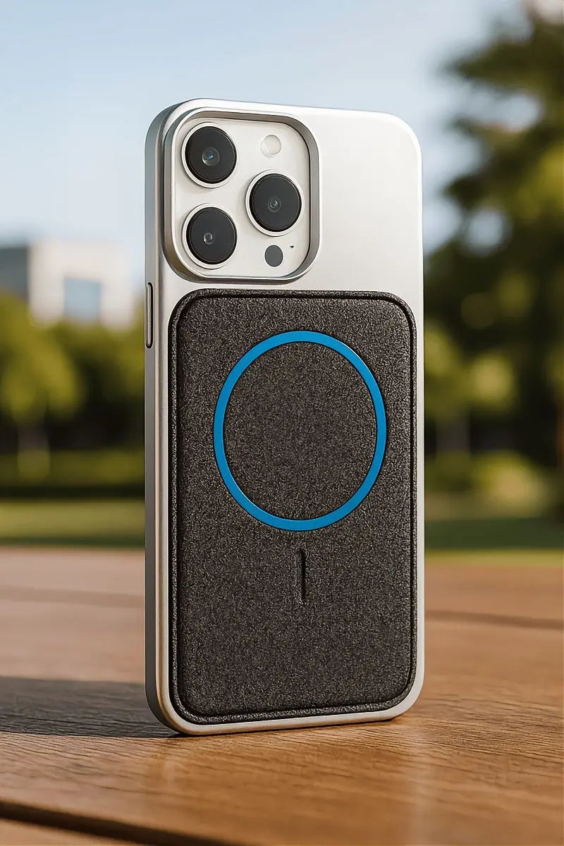 A silver smartphone case with a dark gray textured magnetic card holder and a blue circular accent, shown standing on a wooden table outdoors with a blurred park background.