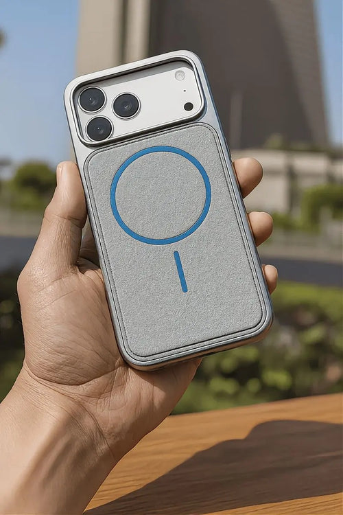 Person holding a phone with a distinctive case outdoors
