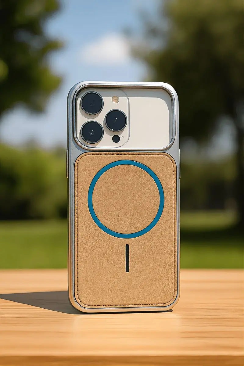 A phone case with a natural brown textured backplate, a blue MagSafe ring, and a silver bumper frame, shown standing on a wooden table with a blurred outdoor background.