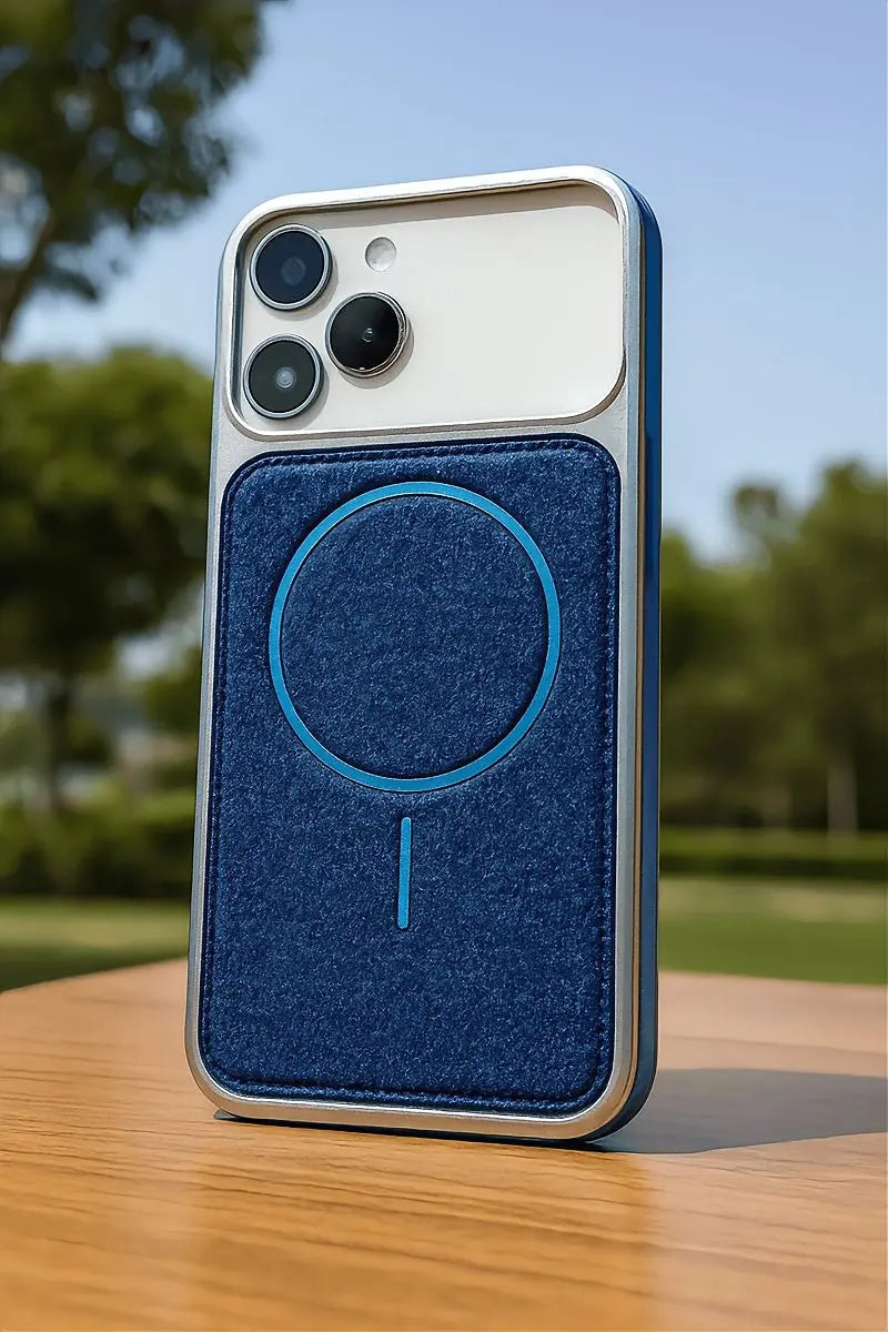 Blue phone case with a textured finish on a wooden surface with a blurred outdoor background
