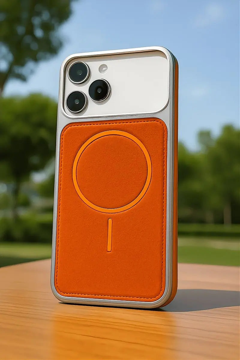 An orange leather magnetic phone case with a silver metal frame, shown on a white iPhone. The case features a circular MagSafe-compatible magnetic ring design.